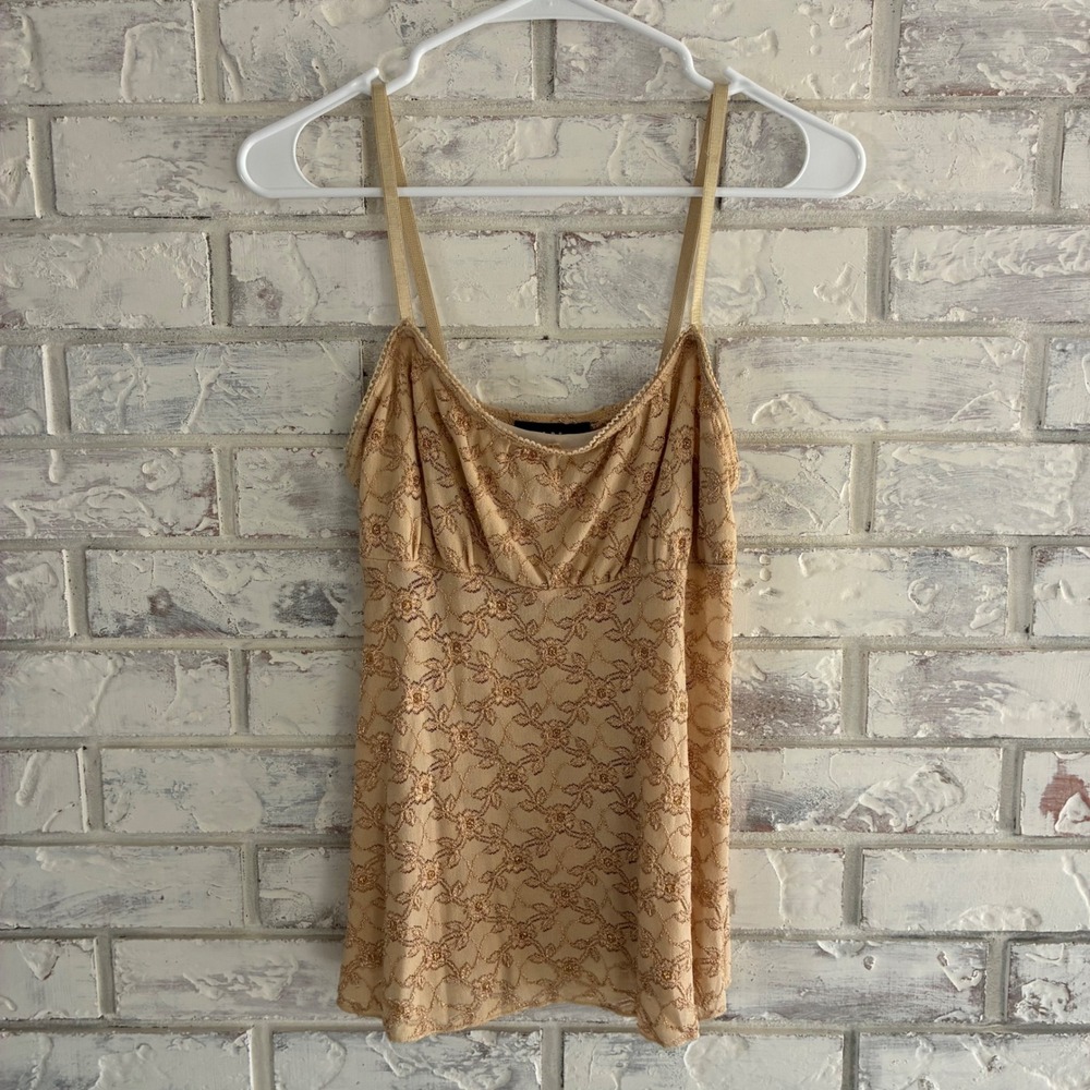 Vintage I.N. San Francisco Gold Metallic Lace Cowl Neck Cami Tank Top M Y2K